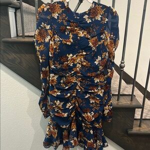 Veronica Beard Blue and Tan Puff Sleeve Bodycon Dress